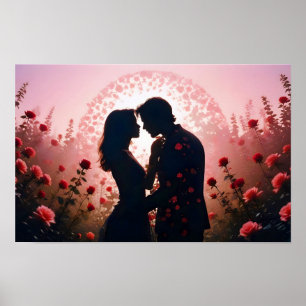 Poster Casamento de Silhueta Romântica e Sunset casal Lov