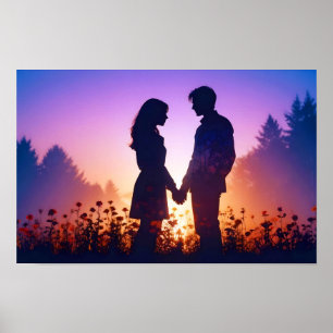 Poster Casamento de Silhueta Romântica e Sunset casal Lov