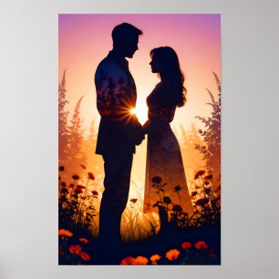Poster Casamento de Silhueta Romântica e Sunset casal Lov