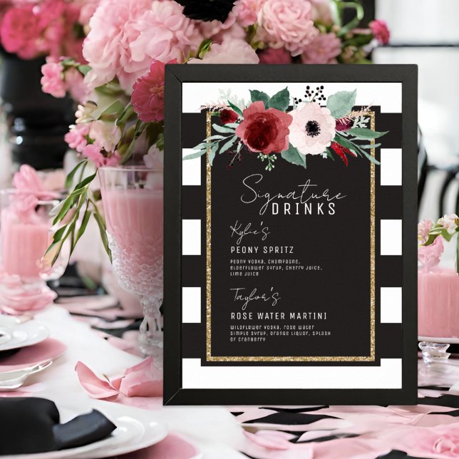 Poster Casamento de Tiras Florais Magenta Bebidas Signatu (Criador carregado)