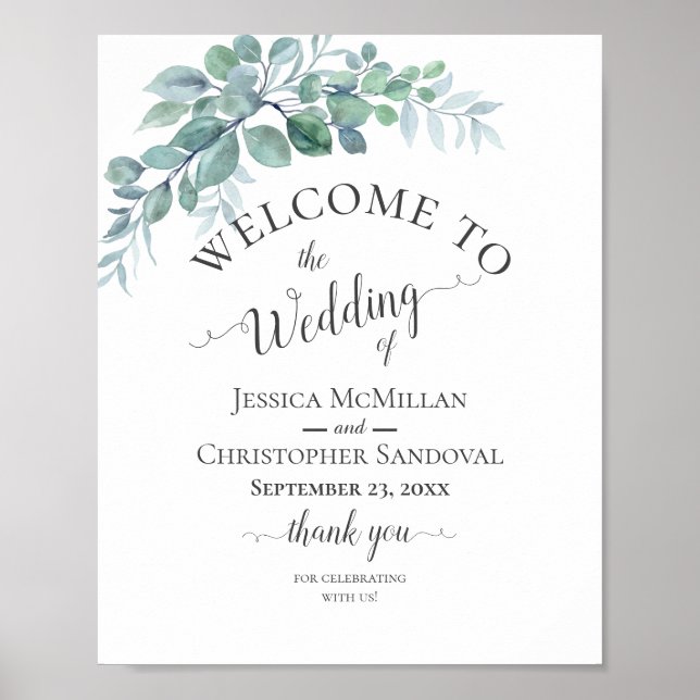 Poster Casamento de Verde Eucalipto Aquarela Rústica (Frente)