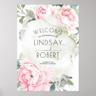 Poster Casamento de Vintage Watercolor, Flores Rosa