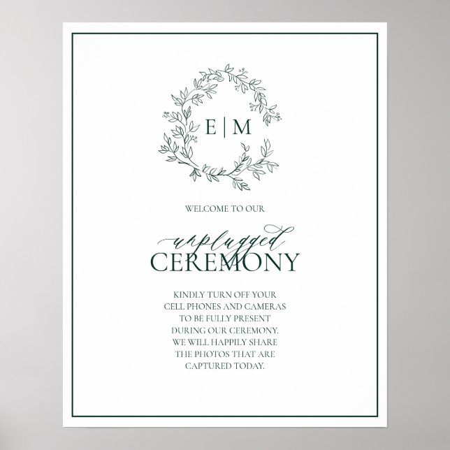Poster Casamento Desplugado do Emerald Green Leafy Monogr (Frente)