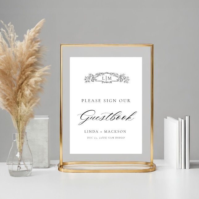 Poster Casamento do monograma da crista botânica Elegante (Criador carregado)