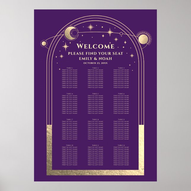 Poster Casamento do Sol Lua Estrelas Roxo Místico Dourado (Frente)