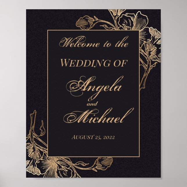 Poster Casamento Dourado com Design metálico negro (Frente)