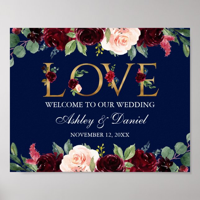 Poster Casamento Dourado de Amor Floral Azul Burgundy (Frente)