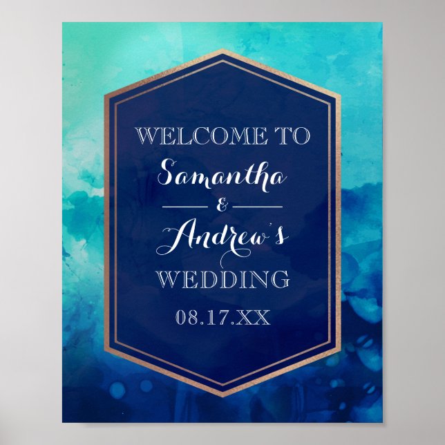 Poster Casamento Dourado de Borda Azul Turquesa (Frente)