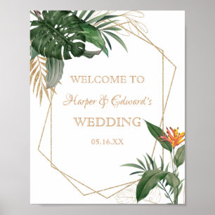 Poster Casamento Dourado de Mola Aquática de Folhas Tropi