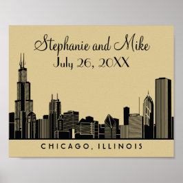 Póster Casamento Dourado e Preto da Silhueta de Chicago