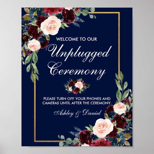 Poster Casamento Dourado Floral Azul Borgonha Desconectad (Frente)