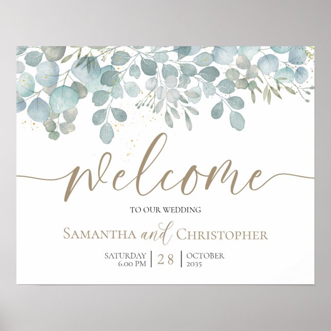 Poster Casamento Dourado Rustic Eucalyptus Sage (Frente)