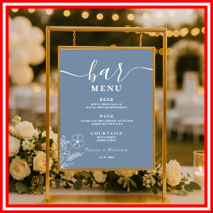 Poster Casamento Dusty Blue   Menu do Bar de Flores Silve