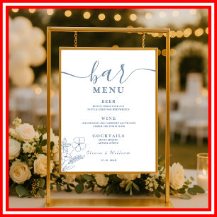Poster Casamento Dusty Blue Menu do Bar de Flores Silve