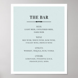 Poster Casamento elegante azul. Bar de bebidas alcoólicas