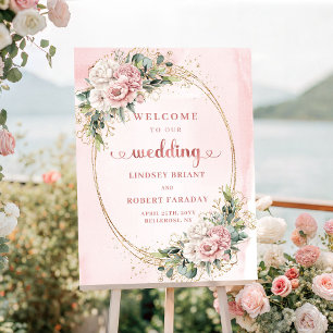 Poster Casamento Elegante Boho Rosa Dourado Verdejante