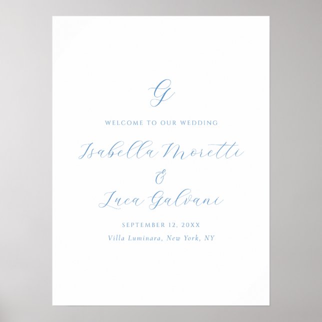 Poster Casamento Elegante Chic de Costa Azul e Branco (Frente)