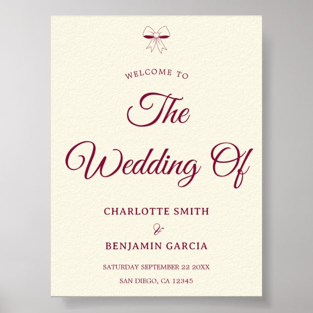 Poster Casamento Elegante em Script Burgundy Creme Marfim (Frente)