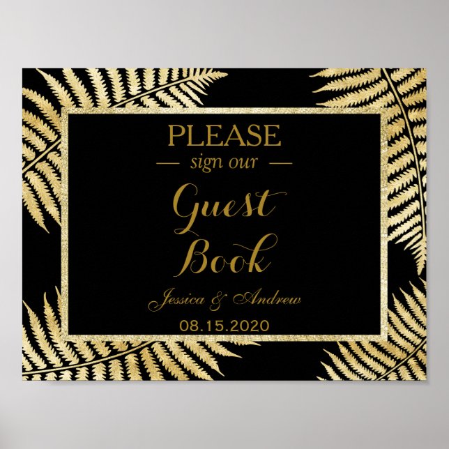 Poster Casamento Elegante Faux Folha de Ouro Bracken (Frente)