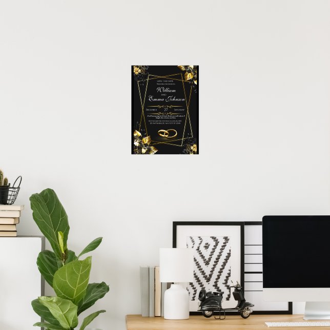 Poster Casamento Elegante Negro e Dourado (Escritório em casa)