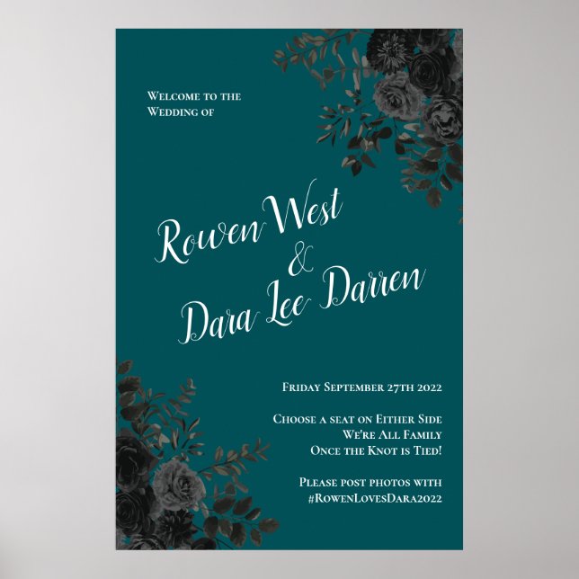 Poster Casamento Elegante Rosa Gótico de Teal Negro (Frente)