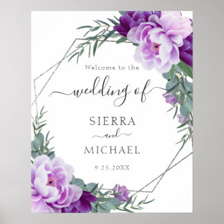 Poster Casamento Eucalipto Floral Elegante Silver & Purpl