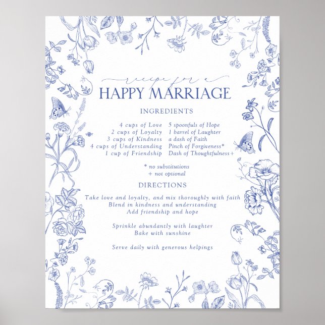 Poster Casamento Feliz Vitoriano da Receita Azul Branco e (Frente)