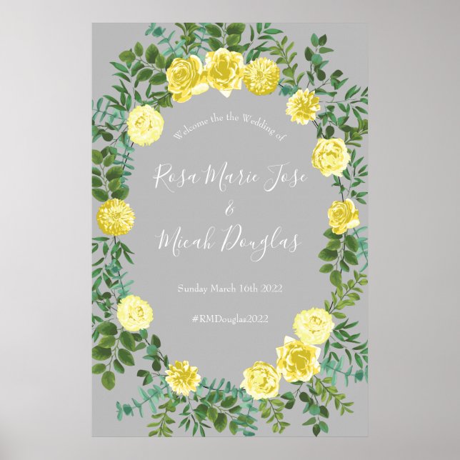 Poster Casamento Floral Amarelo-claro e Cinza (Frente)