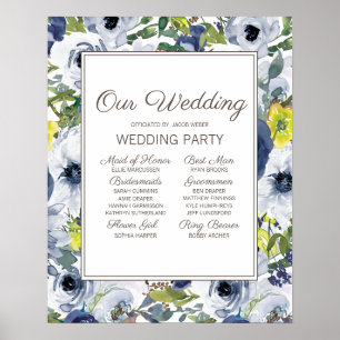 Poster Casamento Floral Azul Marinho Amarelo Branco