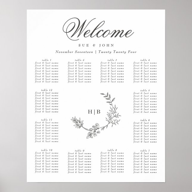 Poster Casamento Floral Clássico de Cinza Escura Monogram (Frente)