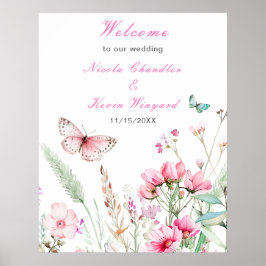 Poster Casamento Floral com Borboleta Rosa primavera