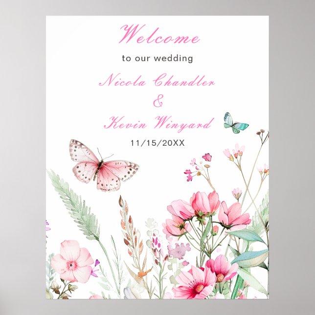 Poster Casamento Floral com Borboleta Rosa primavera (Frente)