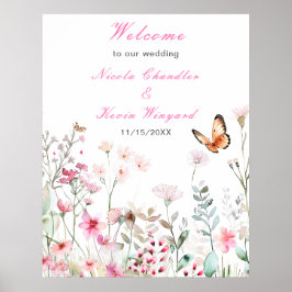 Poster Casamento Floral com Borboleta Rosa Profunda prima