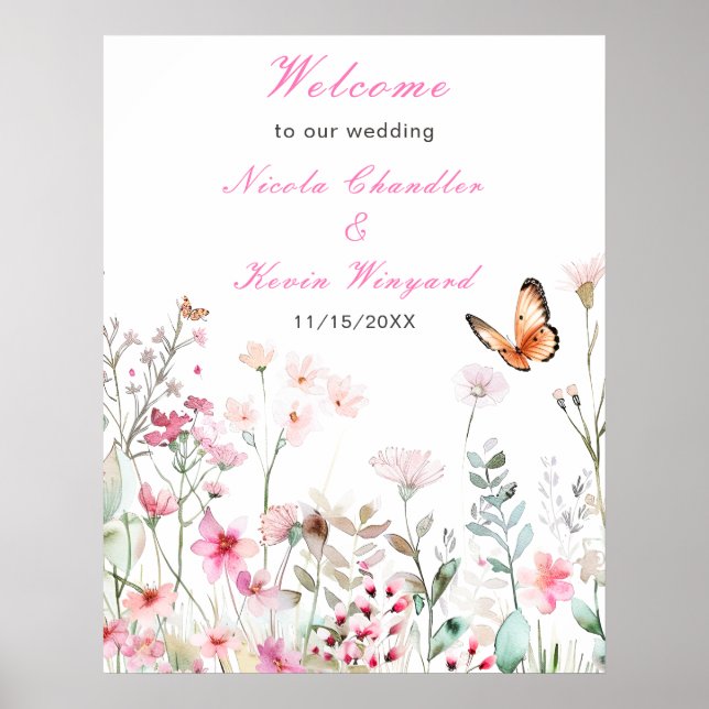 Poster Casamento Floral com Borboleta Rosa Profunda prima (Frente)