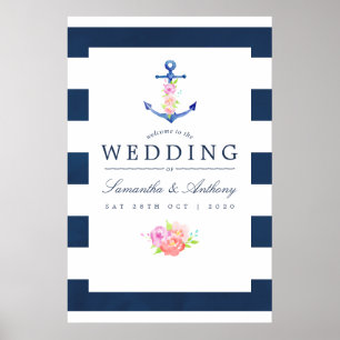 Poster Casamento Floral Com Curva De Aquarela Náutica