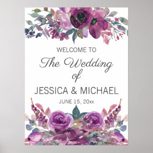 Poster Casamento Floral de Aquarela Roxo Lilás