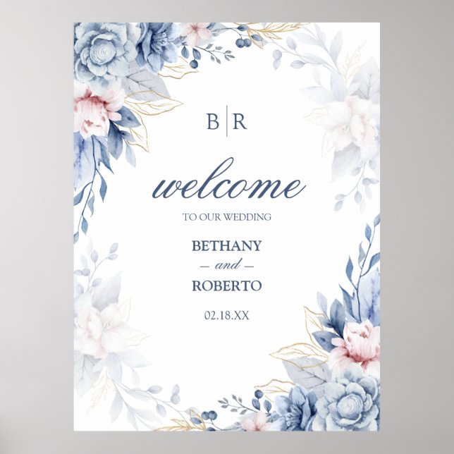 Poster Casamento Floral de Cor Azul Elegante e Dourada (Frente)