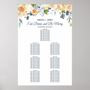 Poster Casamento Floral de Coral Azul marinho