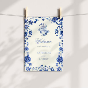 Poster Casamento Floral de Deep Blue Chinoiserie Vintage