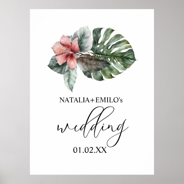 Poster Casamento Floral de Folha de Monstera em Aquarela (Frente)
