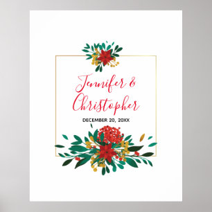 Poster Casamento Floral de Natal Verde e Dourado