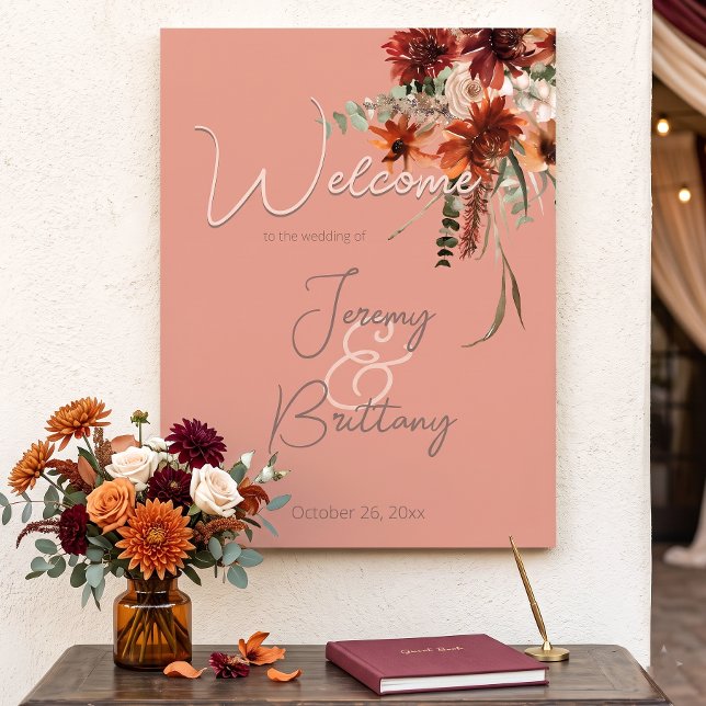 Poster Casamento Floral de Outono Boho em Ferrugem e Neut (Criador carregado)