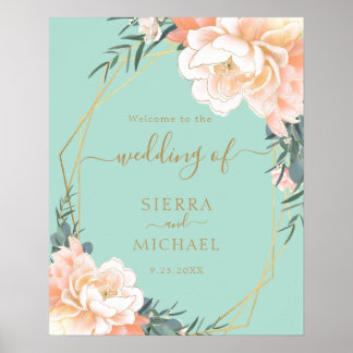 Poster Casamento Floral de Pêssego Dourado Verde-Mint