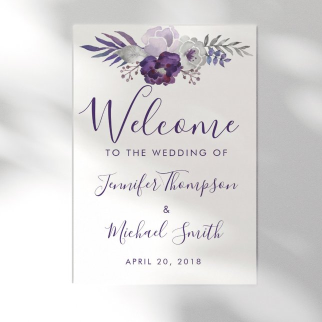 Póster Casamento Floral de Púrpura e Silver Watercolor (Purple and Silver Watercolor Floral Wedding Poster)