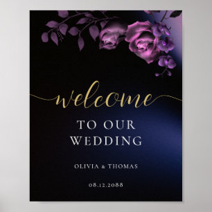 Poster Casamento Floral de Púrpura Negra-Púrpura Elegante