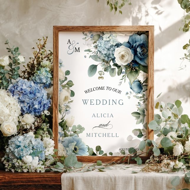 Poster Casamento Floral de Rosa de Ivory Hydrangea Blue E (Elegant Blue Hydrangea Ivory Rose Floral Wedding Poster)