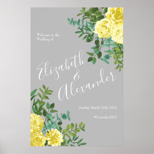 Poster Casamento Floral de Rosa de Peony Amarelo-claro e 