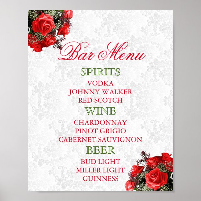 Póster Casamento Floral de rosa vermelha - Menu Bar (Frente)