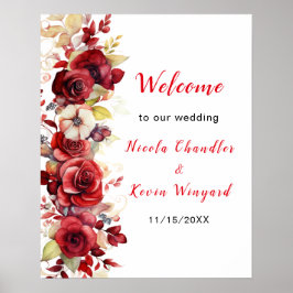 Poster Casamento Floral de Rosas vermelhas Românticas