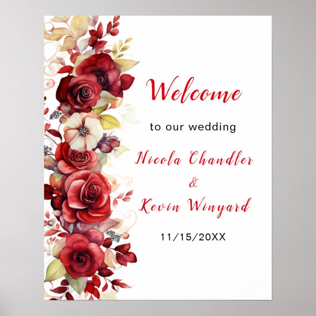 Poster Casamento Floral de Rosas vermelhas Românticas (Frente)